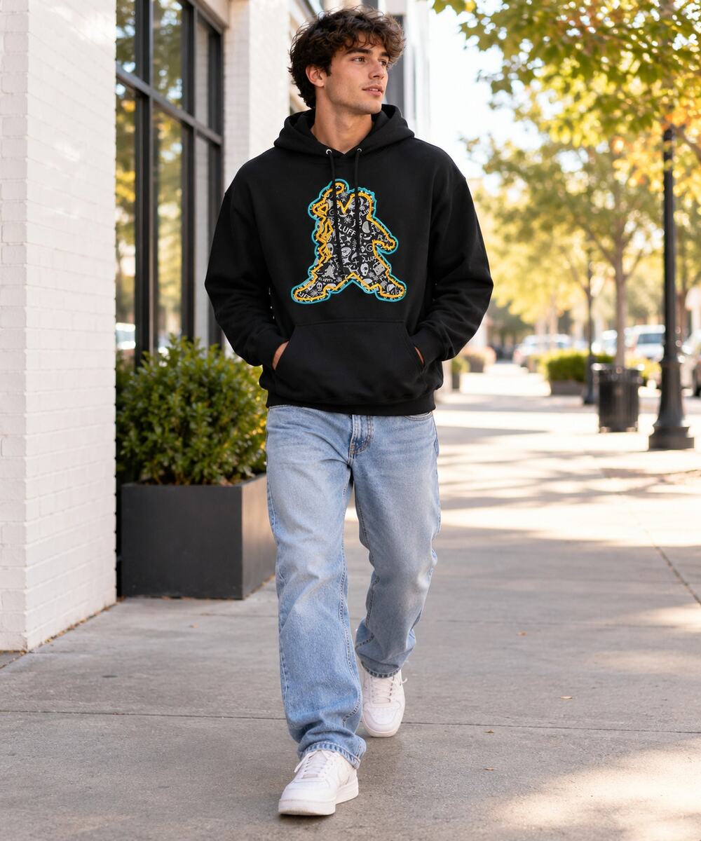 Fluffy Guy | Black Graphic Pullover Hoodie | Medium